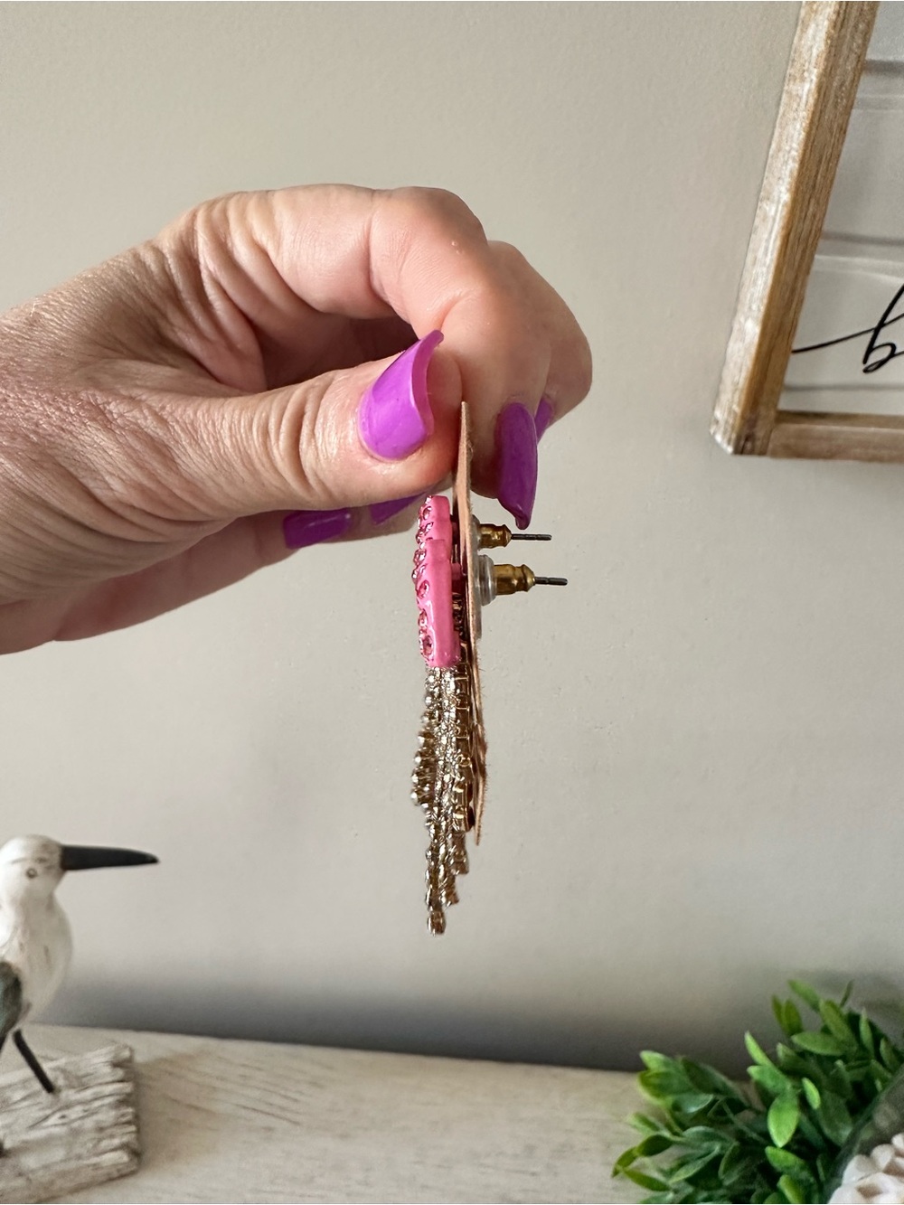 Pink Lip Kiss Rhinestone Fringe Earrings - Picture 4 of 6
